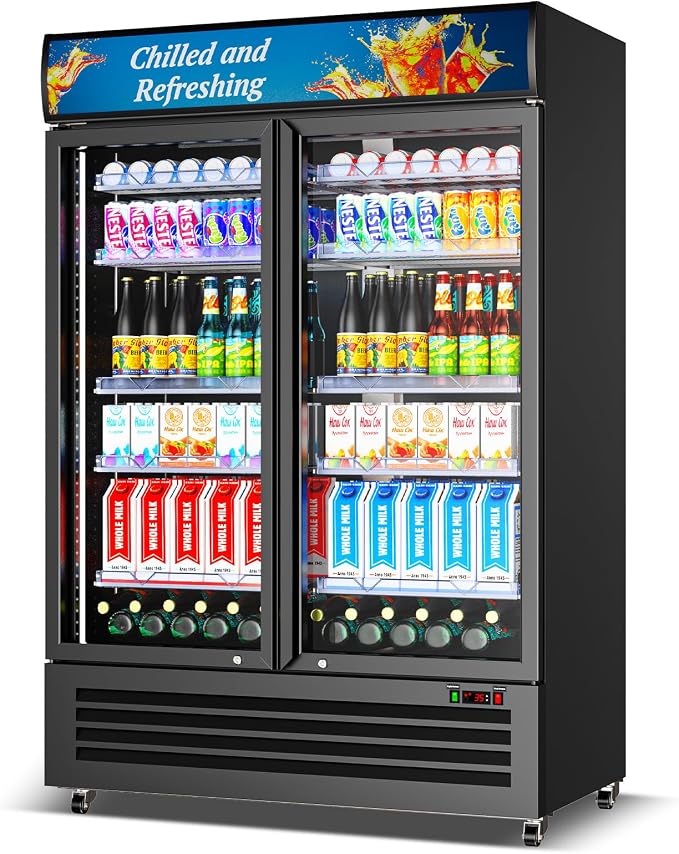 Velivi Commercial Beverage Refrigerator, Double Glass Door Display Cooler, Upright Drink Merchandiser with LED Lighting, Auto Closing Doors