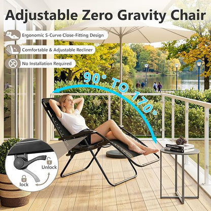 Zero Gravity Chairs Set of 2 with 9FT Patio Umbrella, Adjustable Folding Outdoor Recliner with Pillow & Cup Holder, Waterproof UV Protection Market Umbrella for Pool, Beach, Patio, Camping