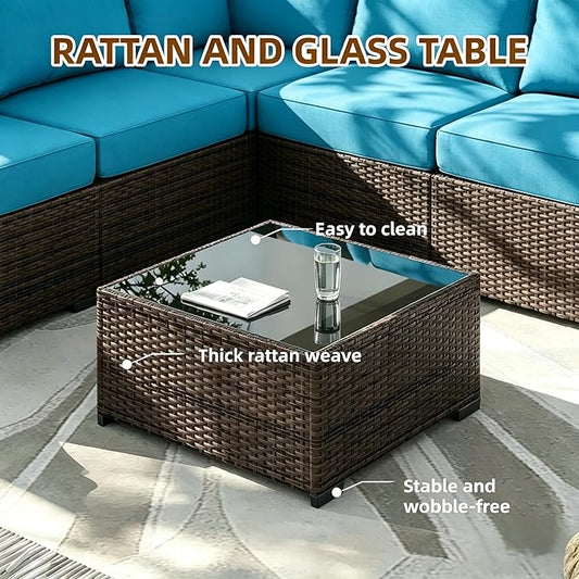 MOCHITO 7 Pieces Outdoor Patio Furniture Sets, All-Weather Sectional Sofa Dark Brown PE Rattan Wicker Conversation Set with Glass Table and Washable Turkish Cushions for Backyard,Sunroom,Garden,Porch