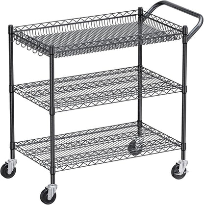 1350Lbs Capacity Heavy Duty Rolling Utility Cart, NSF Rolling Carts with Wheels,Commercial Grade Metal Cart with Handle Bar & Shelf Liner,Trolley Serving Cart for Restaurant,Kitchen,Black