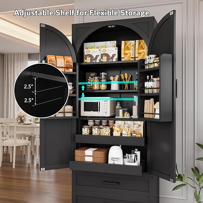 iPormis 71" Tall Kitchen Pantry Storage Cabinet w/Adjustable Shelf, Large Drawers & Door Shelves, Freestanding Kitchen Cupboard for Dining Room/Living Room, Black