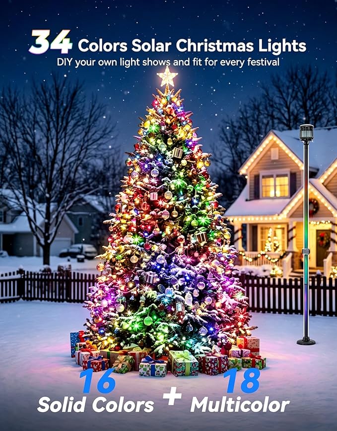 LitHome 34 Colors Solar String Lights Outdoor with Remote, 33FT 100 LED Solar & USB Powered Christmas String Lights, Waterproof Color Changing Light for Garden Patio Yard Tree Fence Decor
