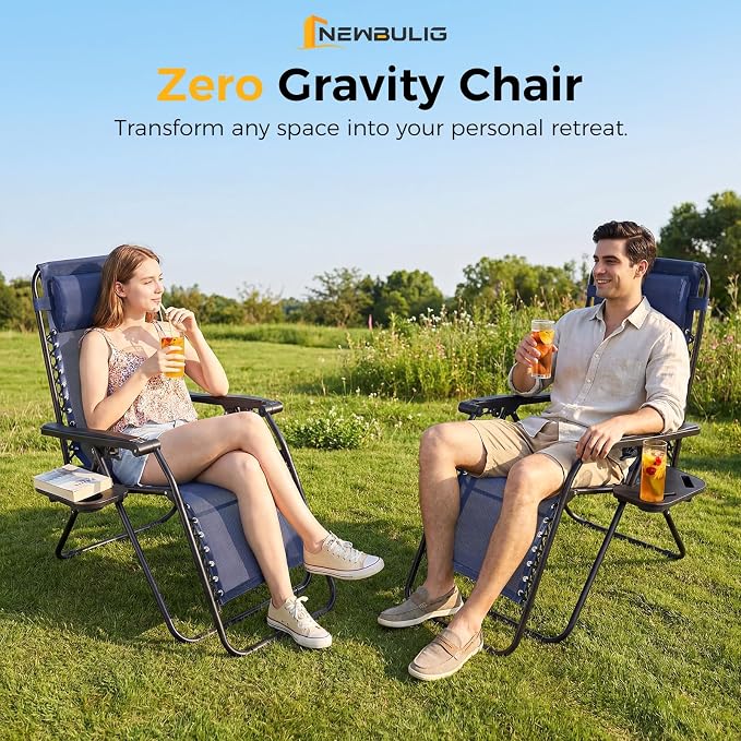 NEWBULIG Zero Gravity Chairs Set of 4, Folding Lounge Chair, Navy Blue | Portable Lawn Camping Recliner with Adjustable Pollow, Mesh Back, Cup Holder Trays for Pool Beach Patio