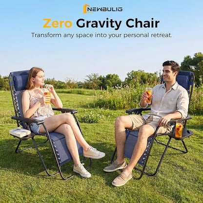 NEWBULIG Zero Gravity Chairs Set of 4, Folding Lounge Chair, Navy Blue | Portable Lawn Camping Recliner with Adjustable Pollow, Mesh Back, Cup Holder Trays for Pool Beach Patio