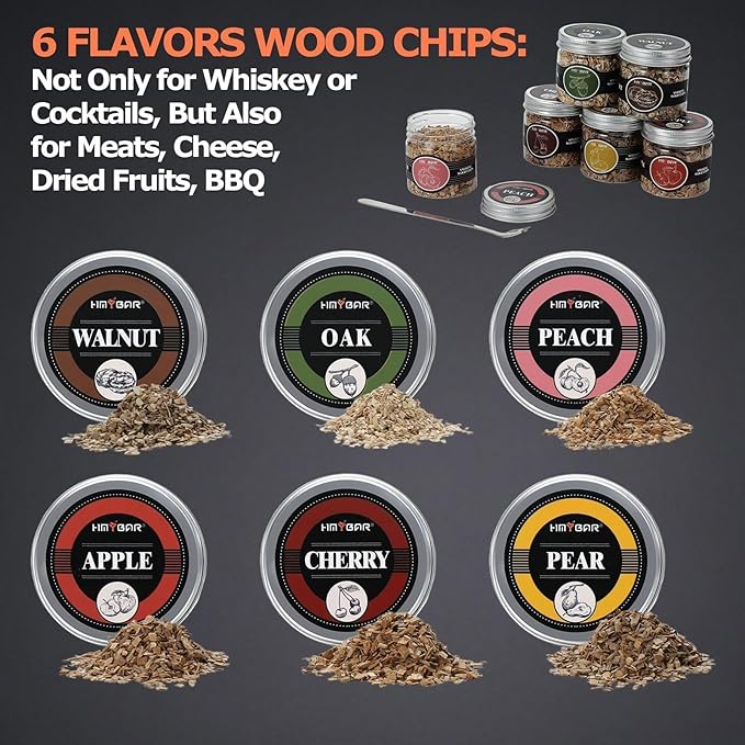 HMYBAR® Whiskey Smoker Kit with Torch, 15-Piece Cocktail Smoker Kit with 6 Wood Chip Flavors, Old Fashioned Drink Smoker Kit, Bourbon Whiskey Gifts for Men, Dad, Husband (No Butane)