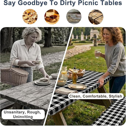 Picnic Table Cover with Bench Covers Windproof Waterproof Picnic Table Covers Camping Tablecloth with Self-Storage Bag, 72in, Black White