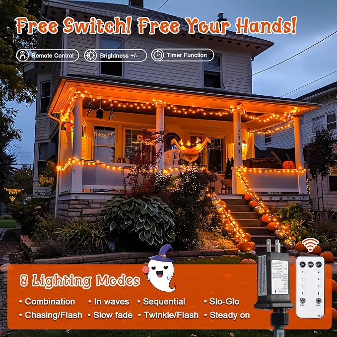 JMEXSUSS 400 LED Orange Lights for Halloween | 132ft Halloween String Lights Plug in with Remote, 8 Modes Orange String Lights for Tree Garden Yard Porch House Decorations