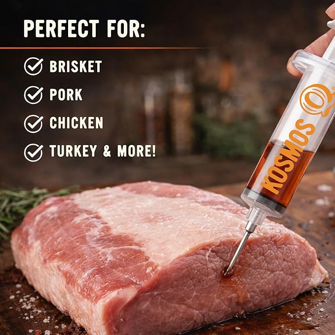 Kosmos Q Meat Marinade Injector, Easy Grip Syringe With Stainless Steel Needle For Flavoring Brisket, Chicken, Turkey, Pork, Roast & Ribs, Ideal For Grilling, Smoking, Roasting & Outdoor Cooking, 2 Oz