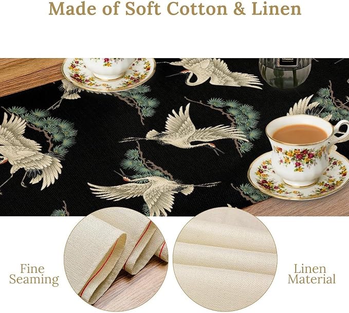 Japanese Crane Table Runner Oriental Vintage Asian Chinese Traditional Bird Trees Plant Dinner Runner Table Decoration for Home Kitchen Dining Holiday Party 13x70in