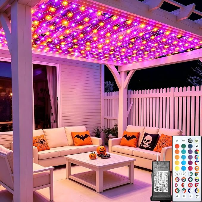 12ft x 12ft Net Lights Halloween Decorations, 400LED 35 Colors Changing Large Gazebo Net Lights Clear Wire, Waterproof Fairy Lights Chandelier for Patio Pergolas Backyard Bush Wedding Outdoor Party