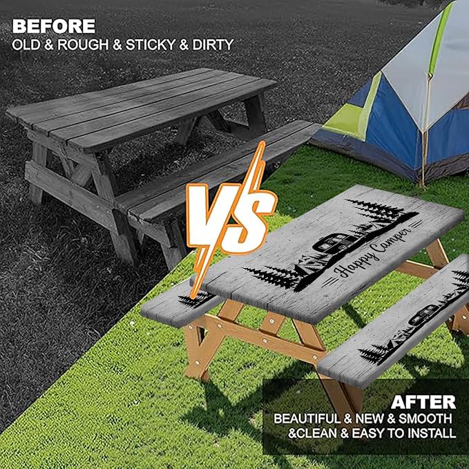 Picnic Table Cover with Bench Covers and Drawstring Bag, Camping Essentials, Happy Camper Camping Tablecloth, Waterproof Windproof Elastic Edges Fitted Rectangle Tables, 3PCS, 30x72 Inch
