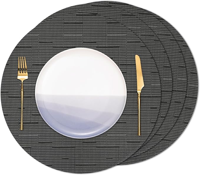 Round Placemats Set of 4 Heat Resistant Vinyl Placemats 15 inch Washable Non-Slip Table Mats Woven Place Mats for Dining Table (Black + Dark Gray, Set of 4)
