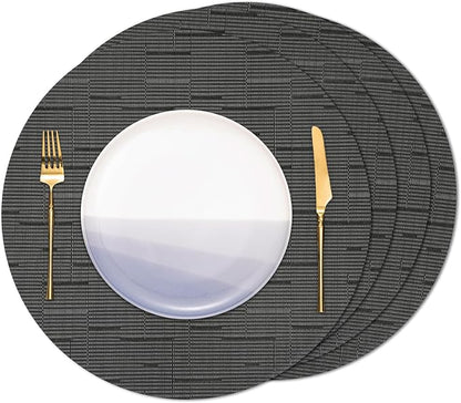 Round Placemats Set of 4 Heat Resistant Vinyl Placemats 15 inch Washable Non-Slip Table Mats Woven Place Mats for Dining Table (Black + Dark Gray, Set of 4)