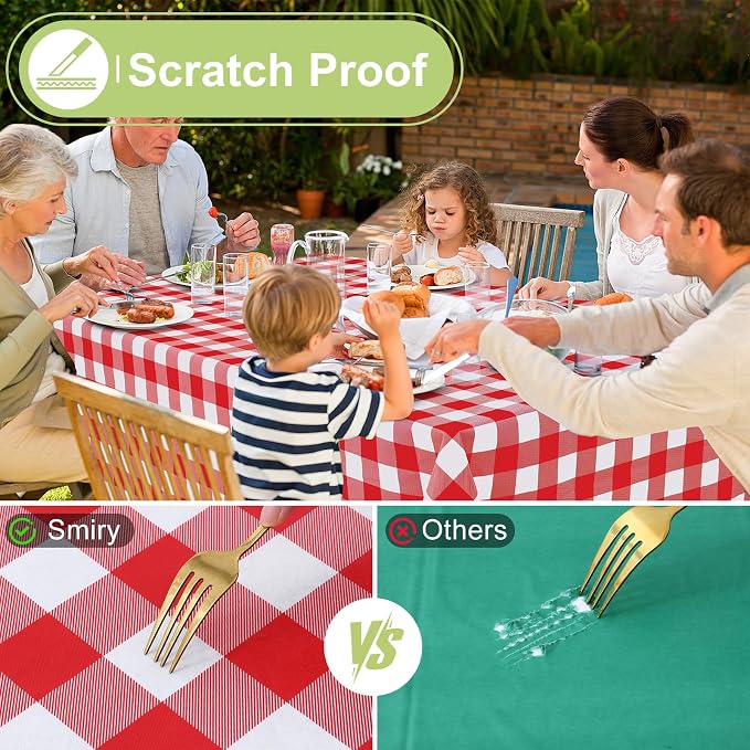 Smiry Picnic Table Cloth, Vinyl Tablecloths with Flannel Backing, 60"x84" | Waterproof Rectangle Table Cloth, Wipeable Buffalo Plaid Table Cover for Indoor and Outdoor (Red & White)