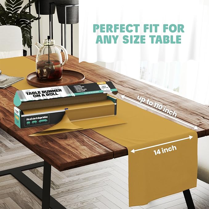 Gold Table Runner – 14" X 110' Premium Plastic Longtable Runners with Cutter Box - Cut to Size - Decorative Rectangle Table Runners - Smooth Table Cloth - Disposable Table Cloths. Parties, Weddings.