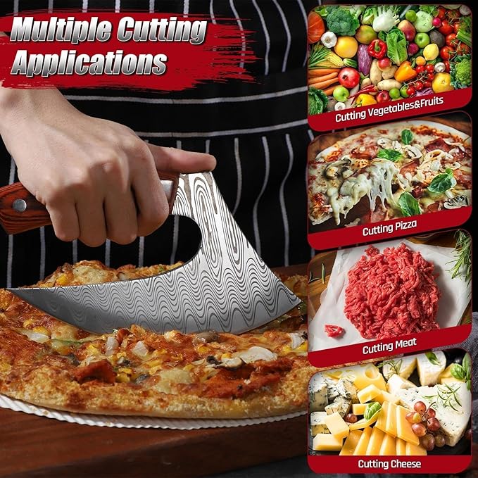 ROCOCO Pizza Cutter Ulu Knife – Full Tang Mezzaluna Rocker Chopper with Sheath for Kitchen, Camping, BBQ, Gifts Men Women