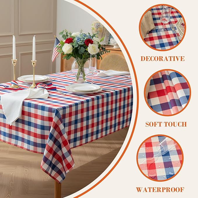 Patriotic Waterproof Tablecloth - Red, White & Blue Buffalo Plaid Table Cover, Stain-Resistant & Washable, Indoor & Outdoor Picnic Tablecloth for 4th of July, Memorial Day, W60 x L60 inch