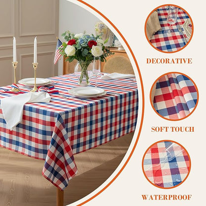 Patriotic Waterproof Tablecloth - Red, White & Blue Buffalo Plaid Table Cover, Stain-Resistant & Washable, Indoor & Outdoor Picnic Tablecloth for 4th of July, Memorial Day, W60 x L102 inch