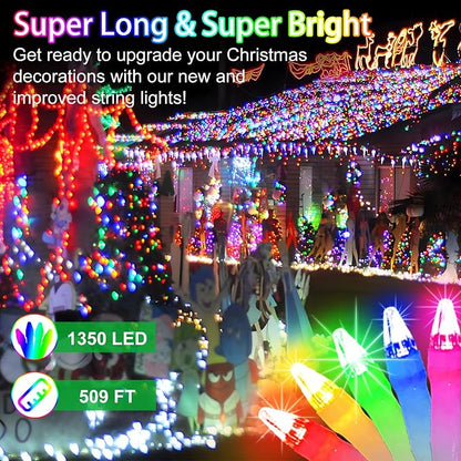 509FT Christmas Lights Outdoor 1350 LED Christmas Tree Decorations with 8 Modes & Timer Memory, Plug In Clear Wire Waterproof LED Xmas Lights for Yard Trees Wedding Party Holiday (Multicolor)