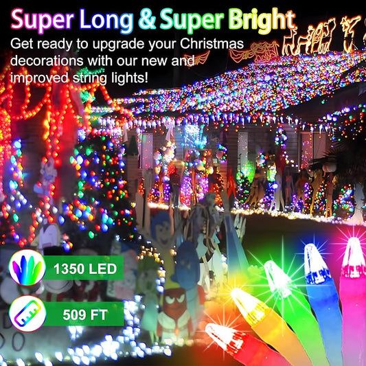 509FT Christmas Lights Outdoor 1350 LED Christmas Tree Decorations with 8 Modes & Timer Memory, Plug In Clear Wire Waterproof LED Xmas Lights for Yard Trees Wedding Party Holiday (Multicolor)