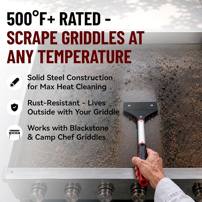 Heavy Duty Griddle Scraper for Flat Top Grills – 15.5” Long Handle Cleaning Tool w/ 5.5” Replaceable Flat Stainless Steel Blade - Removes Burnt-On Food & Grease - by FryOilSaver Co. - 90018