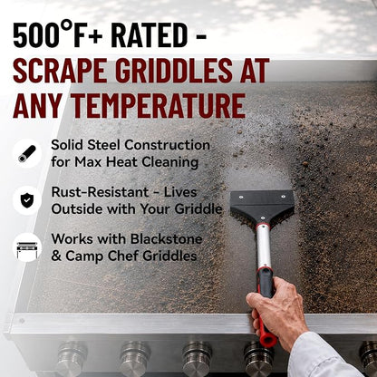 Heavy Duty Griddle Scraper for Flat Top Grills – 15.5” Long Handle Cleaning Tool w/ 5.5” Replaceable Flat Stainless Steel Blade - Removes Burnt-On Food & Grease - by FryOilSaver Co. - 90018