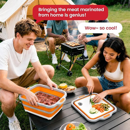 BBQ Prep Tub,8L Collapsible Cutting Board with Locking Lid for RV, Orange | Outdoor Food Prep Bin, Stable Carry Handles, Quick-Rinse Surface, For Campsites, Cookouts, Road Trips, Family BBQ Nights