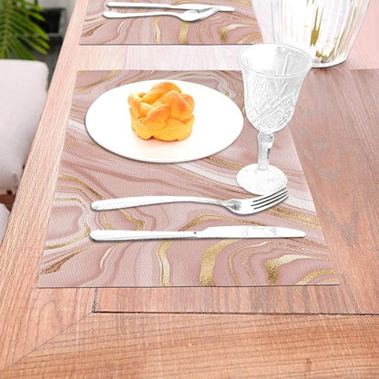 Pink Golden Marble Placemats Set of 4 Linen 12"x18" Rose Pink | Modern Decorative Place Mats Washable Kitchen Table Mats for Dining Outdoor Farmhouse Home Decor Holiday Party Dining Mat