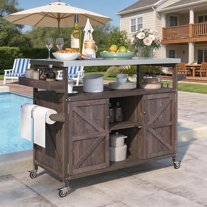 Outdoor Kitchen Island with Stainless Steel Top, Rolling Grill Cart with Storage Cabinet, Farmhouse Solid Wood Prep Station with Spice & Towel Rack for Patio BBQ.Suitable for backyards, etc.