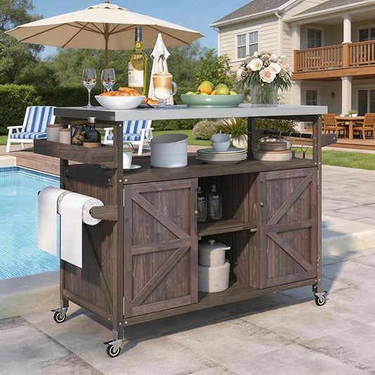 Outdoor Kitchen Island with Stainless Steel Top, Rolling Grill Cart with Storage Cabinet, Farmhouse Solid Wood Prep Station with Spice & Towel Rack for Patio BBQ.Suitable for backyards, etc.