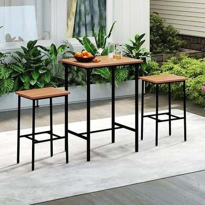 Tangkula 3 Pieces Acacia Wood Patio Bar Set, Space Saving Outdoor Bar Height Rectangular Table and Stools Set with Metal Frame, for Balcony, Deck and Backyard