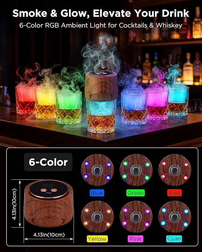 Electric Whiskey Smoker Kit - Rechargeable Cocktail Smoker with 6 Wood Chip Flavors - Smoke Infuser for Old Fashioned & Bourbon Cocktails - No Butane Needed - Father’s Day Gift for Men (Rich Oak)