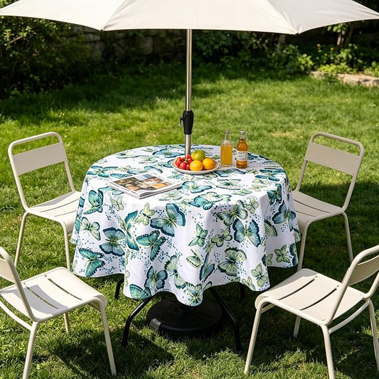 SUQ I OME Outdoor Tablecloth, Green Butterfly, 60'' Round with Zipper | Umbrella Hole with Zipper, Zippered Design, For Backyard Circular Table, For BBQs/Picnic