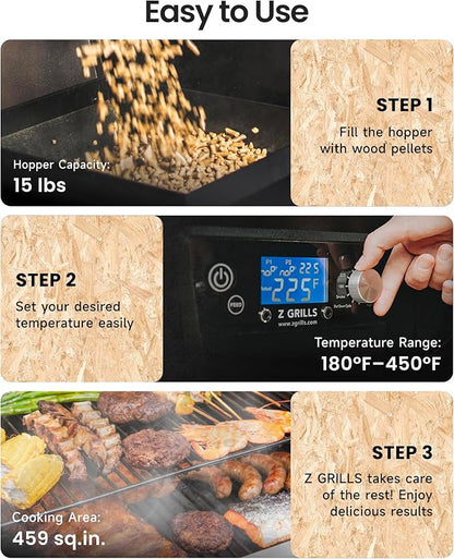 Z GRILLS Pellet Smoker Grill, Versatile 8-in-1 Cooking, Upgrade PID 3.0 Digital Controller, All-terrain Wheels with Locking Casters, 459 SQ.IN Cooking Area, Hopper Cleanout, Meat Probe, Rain Cover