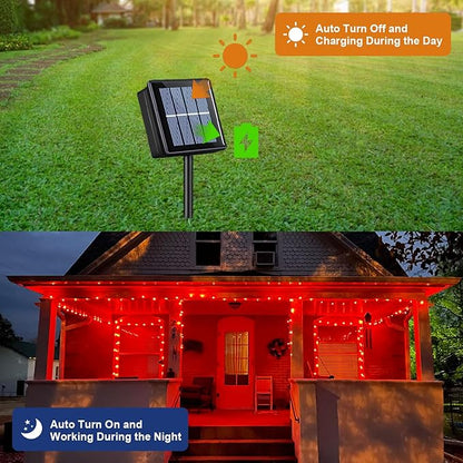 QITONG Red Solar String Lights, 2 Pack Each 66ft 200 LED Christmas Lights Outdoor Waterproof, 8 Modes Green Wire Twinkle Lights for Outside