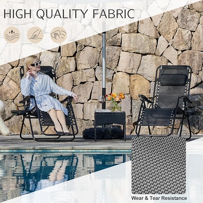 Sweetcrispy Zero Gravity Chairs Set of 2, Outdoor Folding Patio Lounge Chair with Cup Holder Tray, Portable Beach Camping Recliner for Poolside, Garden, Backyard, Lawn, Solid Black