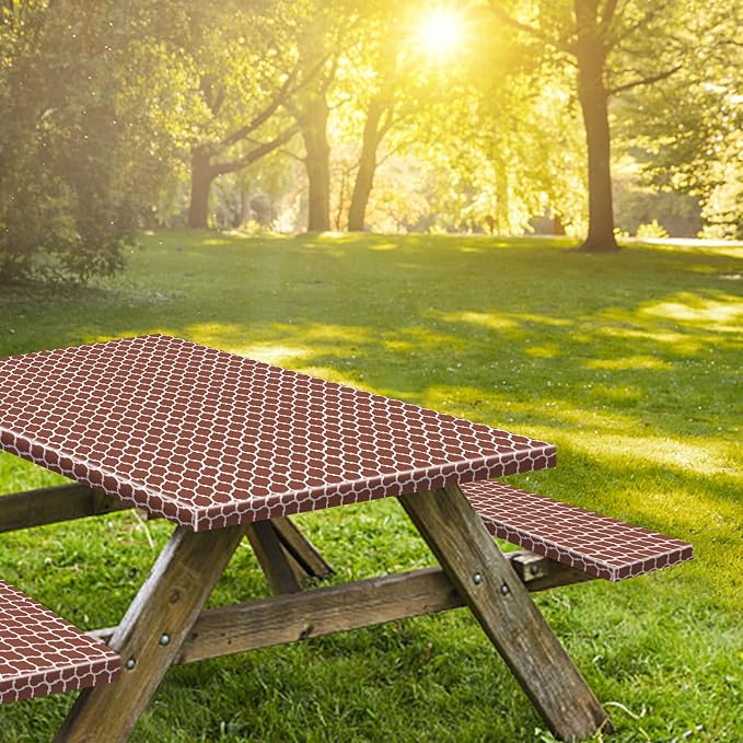 8ft 96" Picnic Table and Bench Cover, 3 Pack, Coffee-White Moroccan | Waterproof, Windproof, Elastic Fitted Edges Tablecloth, for Rectangle Table & Seat, Camping Essentials RV Gear
