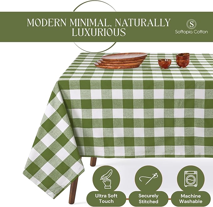 Mint Green and White Buffalo Check Tablecloth, 52x70 Inches, Plaid Table Cover, 100% Cotton, Washable, Reusable Farmhouse Tablecloth for Holidays, Parties, Weddings, Everyday Use