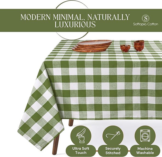 Mint Green and White Buffalo Check Tablecloth, 52x70 Inches, Plaid Table Cover, 100% Cotton, Washable, Reusable Farmhouse Tablecloth for Holidays, Parties, Weddings, Everyday Use