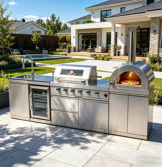 112" Outdoor Kitchen Island,Stainless Steel Natural Gas BBQ Grill with Pizza Oven, Rotisserie, Refrigerator, Standalone Side Burner,Granite Countertop, Storage Cabinets & Drawers 108000 BTU.