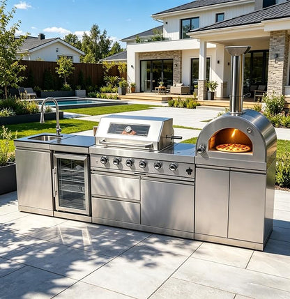 112" Outdoor Kitchen Island,Stainless Steel Natural Gas BBQ Grill with Pizza Oven, Rotisserie, Refrigerator, Standalone Side Burner,Granite Countertop, Storage Cabinets & Drawers 108000 BTU.