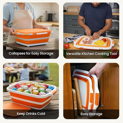 BBQ Prep Tub 2 Pack (8L+16L) - Multifunctional Collapsible Camping Cutting Board with Upgraded Locking Lid, Meal Prep Meat Storage Container Perfect for Grilling, Outdoor (Large + XL)