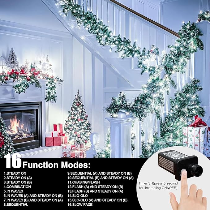 66ft Christmas Decorative Mini Lights,200 LED Green Wire Fairy Starry String Lights Plug in, 16 Lighting Modes, for Indoor Outdoor Xmas Tree Wedding Party Decoration (White)