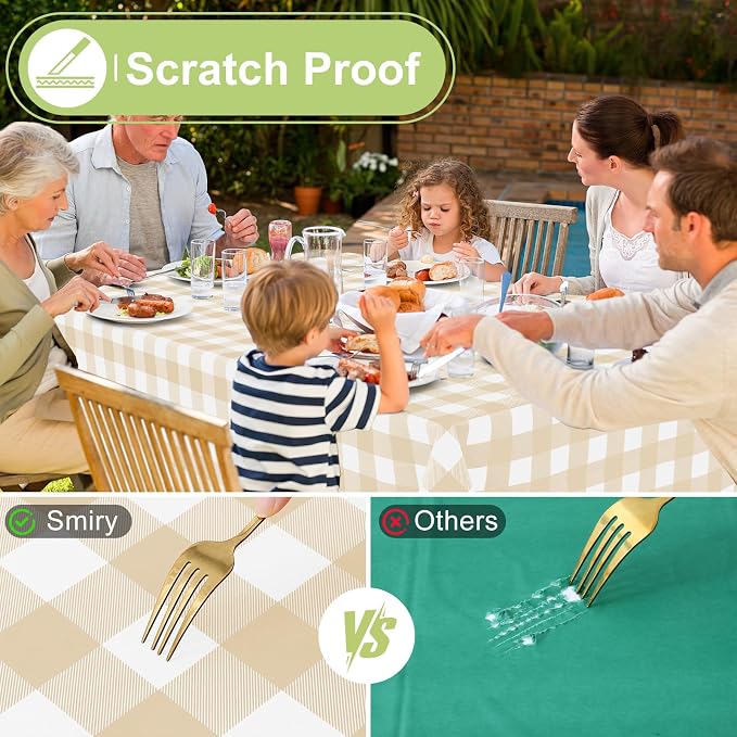 Smiry Picnic Table Cloth, Vinyl Tablecloths with Flannel Backing, 60"x102" | Waterproof Rectangle Table Cloth, Wipeable Buffalo Plaid Table Cover for Indoor and Outdoor (White & Beige)