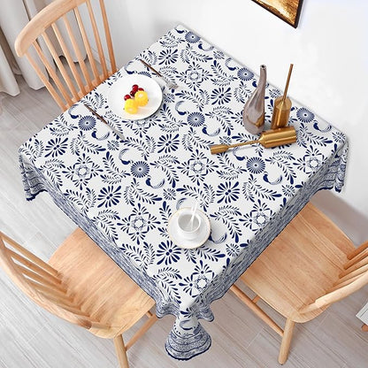 Ethnic Floral Square Table Cloths 60x60 Inch Blue Flowers Plants Chic Wrinkle Oil-Proof Resistant Table Cover Folk Style Tablecloths for Indoor Outdoor Kitchen Dining Party Restaurant