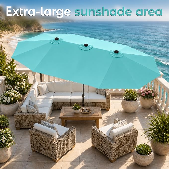 DomeShade 15ft Outdoor Umbrellas for Patio with Base,Outdoor Double-Sided Rectangle Market Umbrella with Crank Handle&Stand,Awnings for Outside Umbrellas for Poolside Lawn Backyard Garden,Turquoise