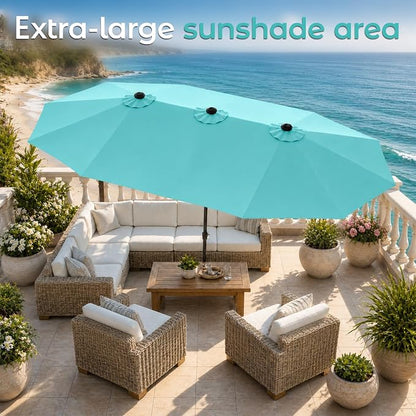 DomeShade 15ft Outdoor Umbrellas for Patio with Base,Outdoor Double-Sided Rectangle Market Umbrella with Crank Handle&Stand,Awnings for Outside Umbrellas for Poolside Lawn Backyard Garden,Turquoise