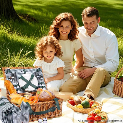 Wicker Picnic Basket Set for 4, Blanket, Cooler Bag, Cottage Plaid | Four-Person Wicker Set Includes Tableware, Insulated Food Storage and Waterproof Blanket for Parks, Camping, Dates and Gifts
