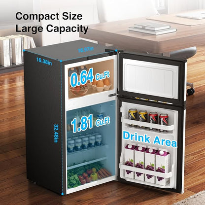 Kismile 2.6 Cu.Ft Mini Fridge with Freezer for Bedroom & Office, Silver | Compact Refrigerator with 2 Reversible Doors, 3-level Adjustable Thermostat, Removable Shelves & Interior Light for Dorm