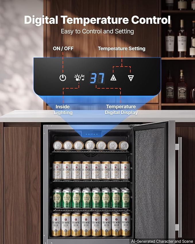 VEVOR Outdoor Beverage Refrigerator, 24 Inch Undercounter Drink Fridge | 304 Stainless Steel Body, 5.0 Cu. Ft, Hold 180 Cans, Powerful Cooling System, Built-in / Freestand Cooler, Home Bar & Patio